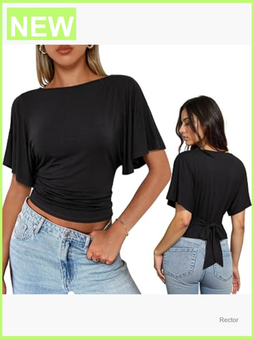 Tie Back Blouse Boat Neck Flutter Sleeve Wrap Cinched Top